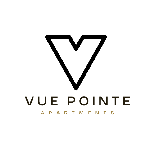 A logo with a triangle and the words "Vue Pointe Apartments" below it.